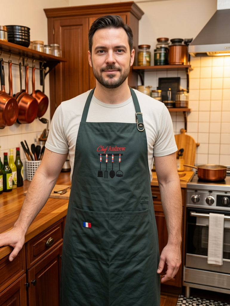 Un homme porte un tablier brodé par Angélique